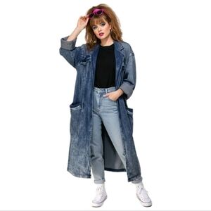 Matti O! Vintage 80s Acid Wash Denim Trench Coat Open Front Duster Women's Sz 16